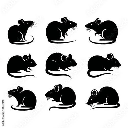 A vector set features black silhouette icons of animals, rat cartoon collection for nature-inspired design