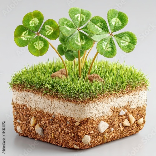 Vibrant Green Four Leaf Clovers Emerging from Detailed Soil Cross Section