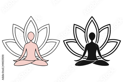 Two minimalist icons show person meditating in lotus position before a lotus flower on white