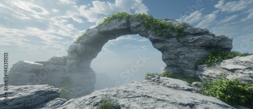 Serene stone archway adorned with lush greenery against a cloudy sky offering a tranquil vista for nature enthusiasts and landscape photography lovers