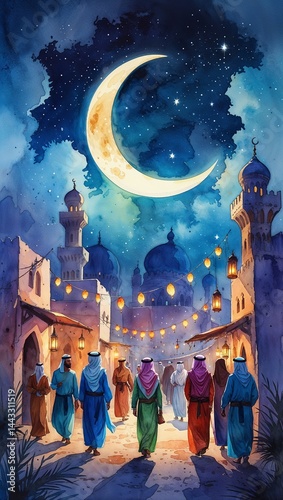 Eid al-Adha fantasy watercolor art, dreamy crescent moon glowing over a mystical Middle Eastern village at night, people in festive dress walking with lanterns, soft brush textures, magical sky, artis