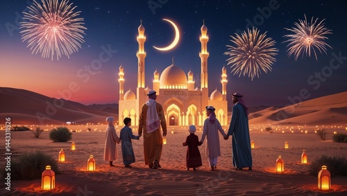 Eid al-Adha festival scene for smart TV screen, wide desert landscape with glowing mosque and crescent moon, families in traditional clothing, lanterns illuminating the night, warm and rich colors, ci