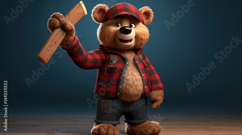 Cartoon bear holding a ruler in a lumberjack outfit, studio shot photo