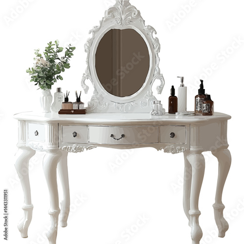 watercolor of Stylish White Dressing Table With A Mirror, vector, isolated on a white background.
