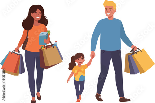 Busy Family Shopping Scene Mom Carrying Grocery Bags, Couple Running to Store – Urban Lifestyle and Daily Errands