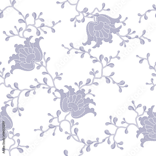 seamless pattern of flowers, branches and leaves