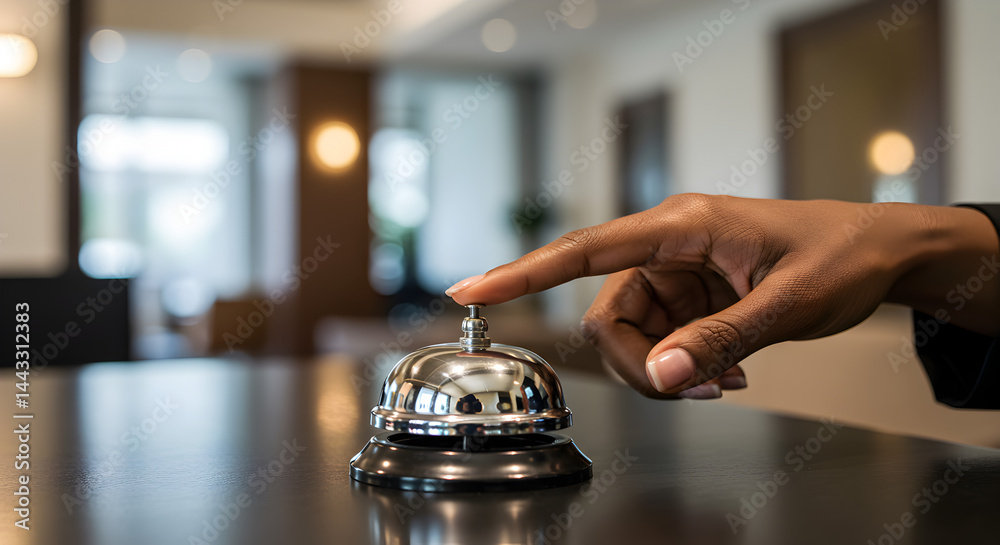 Close Up of Dark Skinned Hand Pressing Silver Reception Bell on Shiny Black Counter in Hotel Lobby Close Up of Dark Skinned Hand Pressing Silver Reception Bell on Shiny Black Counter in Hotel Lobby