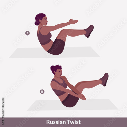 Russian Twist exercise, Women workout fitness, aerobic and exercises. Vector Illustration