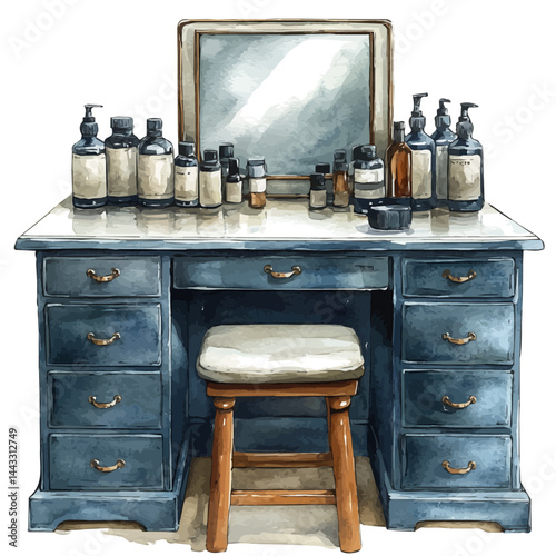 Stylish White Dressing Table With A Mirror, watercolor vector, isolated on a white background.