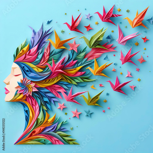  Origami Birds Flight Surreal Profile - Whimsical Decorative Art Portrait