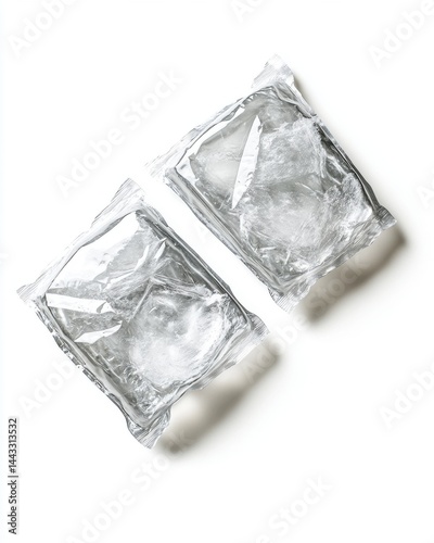Two frozen ice packs, neatly sealed in transparent plastic, ideal for soothing injuries or keeping items cold.