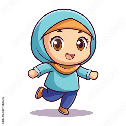 Cartoon girl in a hijab is running