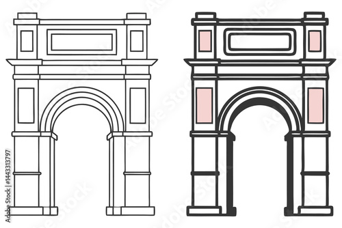 Two archway monuments exhibit line art with light pink detail on a transparent background