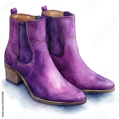 watercolor of Stylish Pair Of Boots With A Chunky Heel, vector, isolated on a white background.
