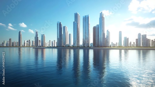 City skyline of Kuwait showing the bright lights and water reflections high resolution picture