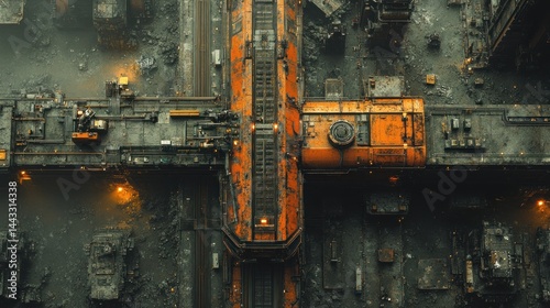 Aerial View of a Futuristic Industrial Complex: A Crossroad of Rusty Orange Machinery and Dark, Gritty Terrain