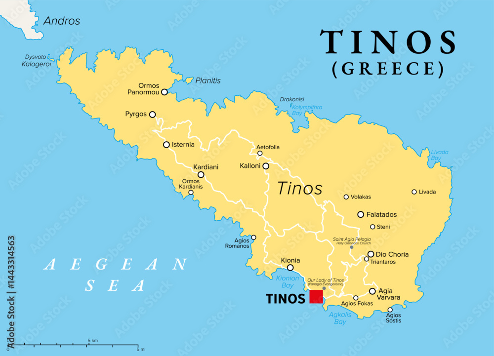 Obraz premium Tinos, Greek island in the Aegean Sea, political map. Part of the Cyclades archipelago, south of Andros. A major pilgrimage site for Greek Orthodox Christians. The capital and largest town is Tinos.