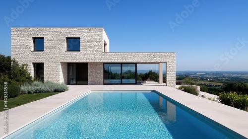 Modern Stone House with Pool Overlooking Scenic Landscape