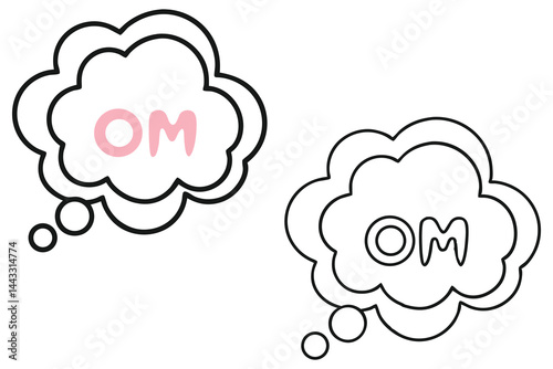 Two cloud speech bubbles display the Om symbol, one is filled and pink