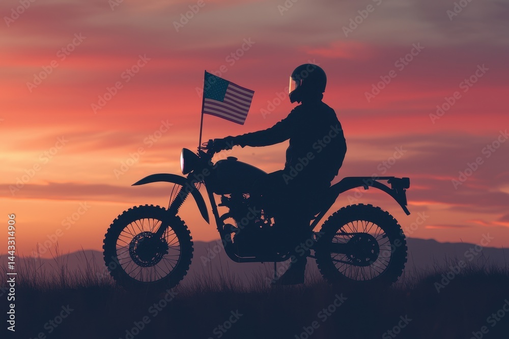 Fototapeta premium Silhouette of a Rider on a Motorcycle with American Flag at Sunset
