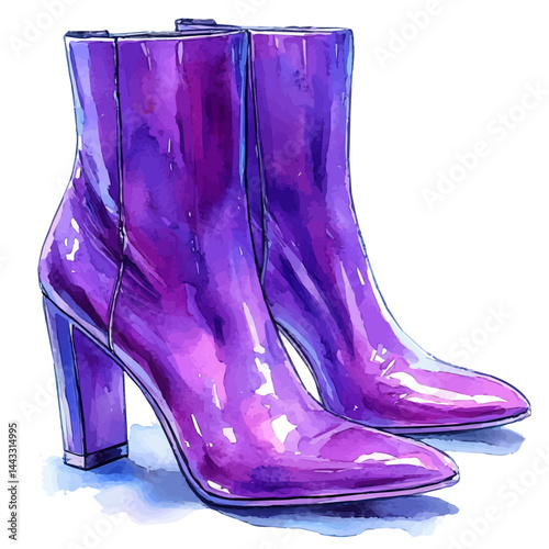 Stylish Pair Of Boots With A Chunky Heel, vector watercolor illustration, isolated on a white background.