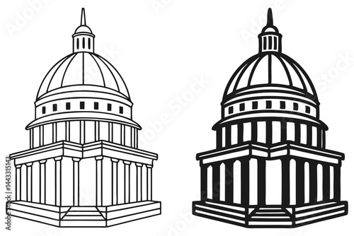 Two versions show outline and solid monochrome of the United States Capitol dome