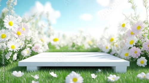 Empty white platform in a flower field