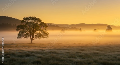Lone Tree in Meadow at Sunrise