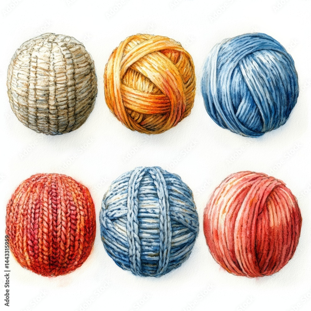 Fototapeta premium Set of Colorful Yarn Balls, Watercolor Style Isolate on White Background