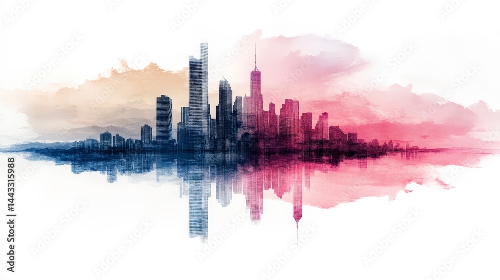 Fototapeta premium Watercolor Cityscape Reflection Pink and Blue Hues