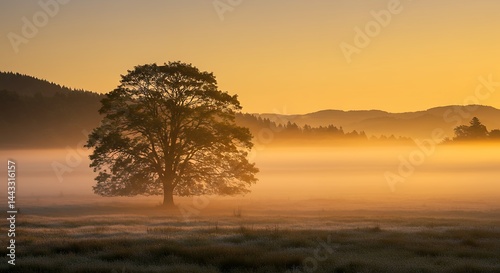 Tree in Golden Sunrise Landscape
