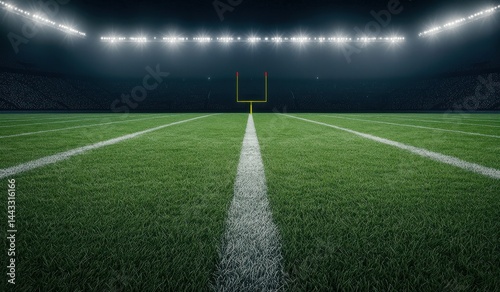 Football Field View with Goalposts and Stadium Lighting at Night