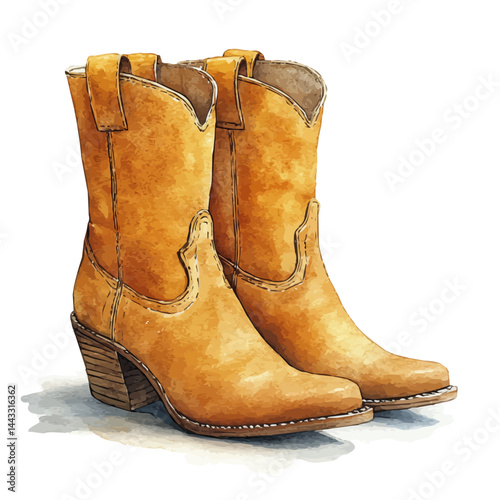 Stylish Pair Of Boots With A Chunky Heel, vector watercolor illustration, isolated on a white background.