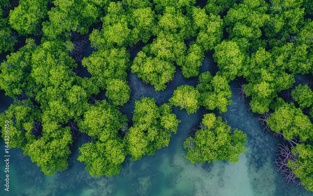Naklejka premium Lush mangrove forest canopy, aerial view. A dense, vibrant green mangrove forest, seen from above, with waterways and clear water beneath. Healthy, thriving ecosystem