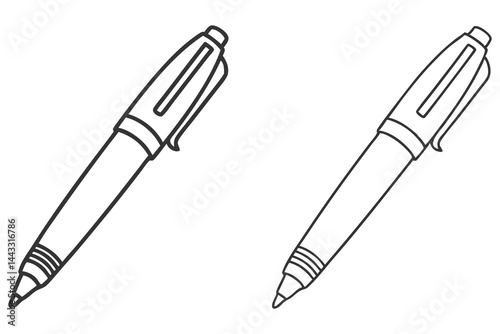 Two black outline fountain pens with caps sit diagonally against the white background