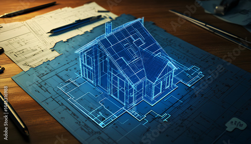 Wallpaper Mural digital blue prints of a house on a table in puzzel shape, with some documents on dark backgrounf with digital lines Torontodigital.ca