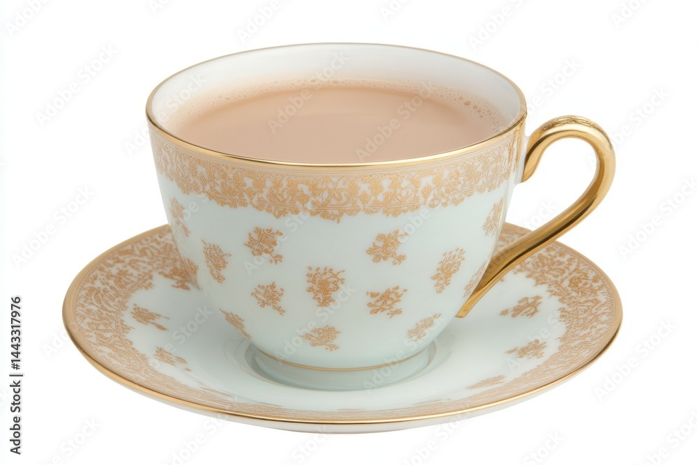Fototapeta premium Elegant porcelain teacup filled with creamy tea on saucer intricate gold floral pattern refined aesthetic delicate beverage traditional drink white background studio shot