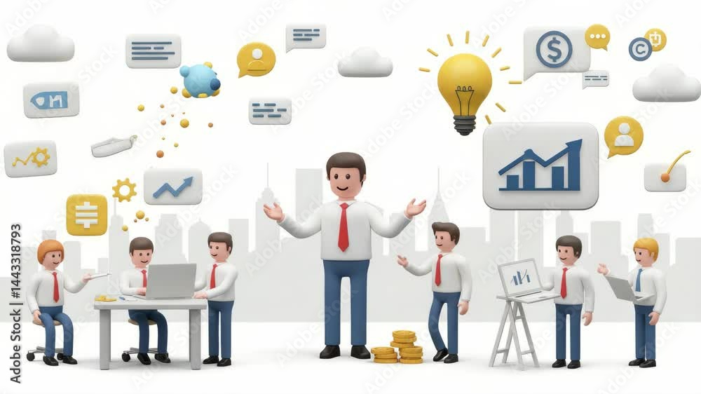 Successful Business Team Collaboration and Idea Generation - A 3D illustration depicting a team of diverse business professionals collaborating on a project, brainstorming ideas Successful Business Team Collaboration and Idea Generation - A 3D illustration depicting a team of diverse business professionals collaborating on a project, brainstorming ideas