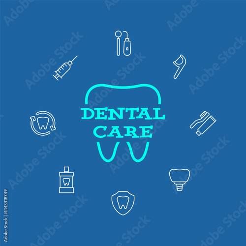 Flat vector illustration of dental care concept with tooth silhouette and surrounding line icons such as toothbrush, implant, syringe, and mouthwash on dark blue background. Ideal for dental promotion