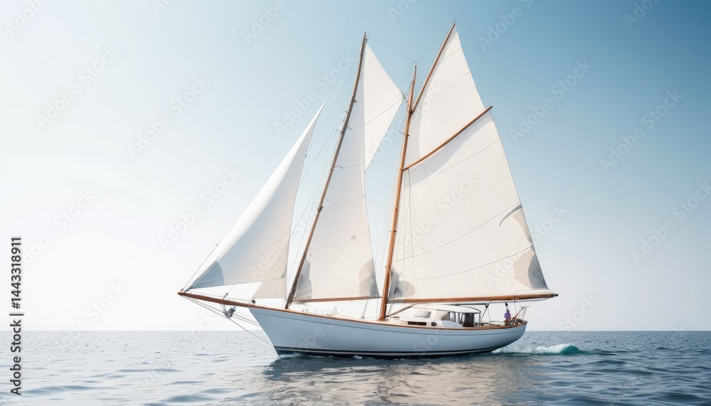 Fototapeta premium A white sailboat glides across the vast ocean under a painted sunset sky