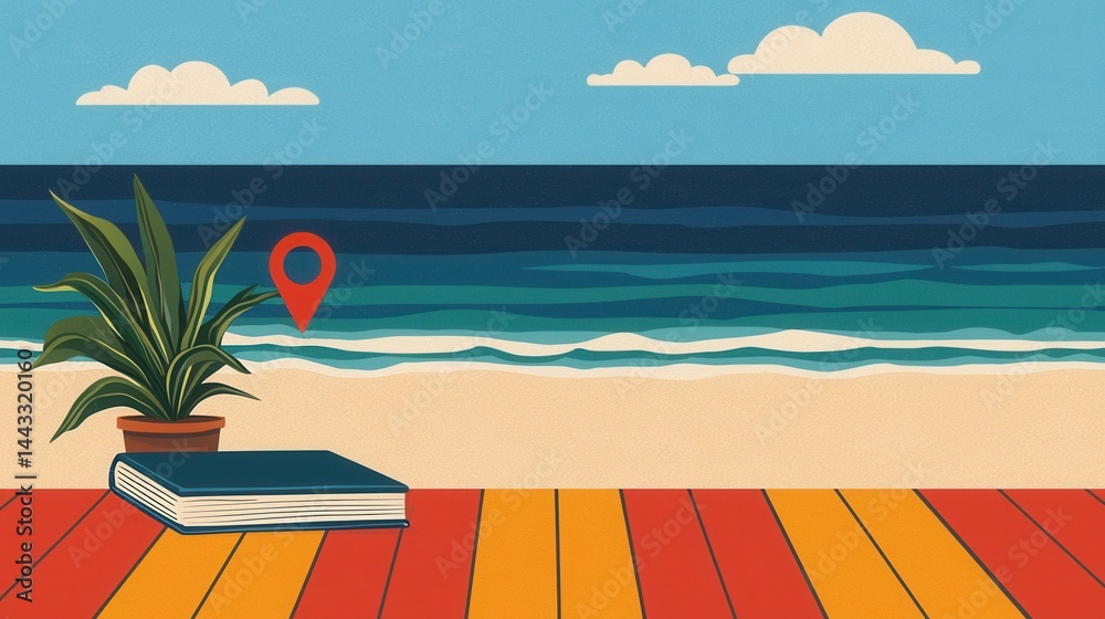 Obraz premium Serene Beach Scene with Plant, Book, and Location Pin on Sand