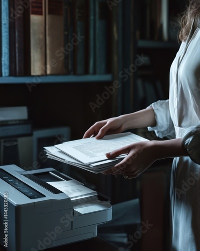 A woman of Caucasian descent prepares documents for printing, surrounded by books in a dimly lit library.