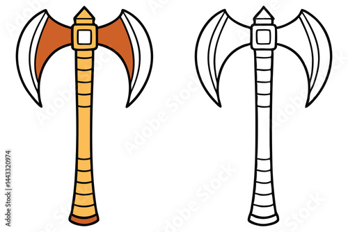Cartoon double bladed axe stands beside line art version on white background