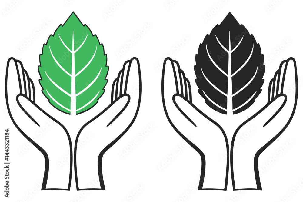 Fototapeta premium Two monochrome hands cradle a green and black leaf, showcasing organic conservation icons