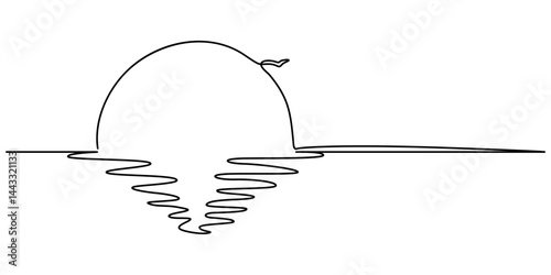 Sunset Web Banner with Continuous Line Icon, Sun on sea beach one black continuous line, sunset and sunrise outline, landscape with sun and beach in one line Sunset on beach, Sunset continuous one. 