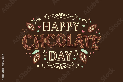 Happy Chocolate Day Typography Design with Cocoa Beans, Hearts and Sweet Decorative Elements .

