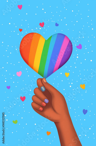 Hand holding rainbow heart paper on blue background 
