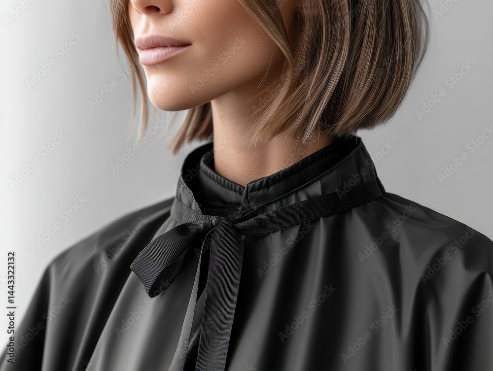 Fototapeta premium Hairdressing cape, neatly fastened, protects clothing during hair styling session - service professional resistant client
