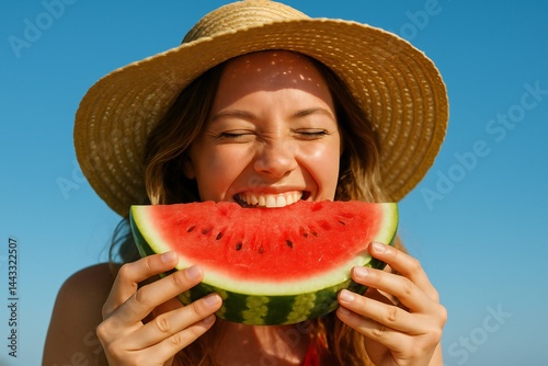Joyful woman in straw hat eating watermelon slice on a sunny summer day