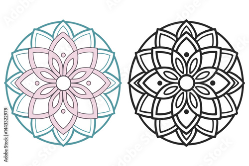 Decorative lotus inspired round mandala design appears in color and black lines